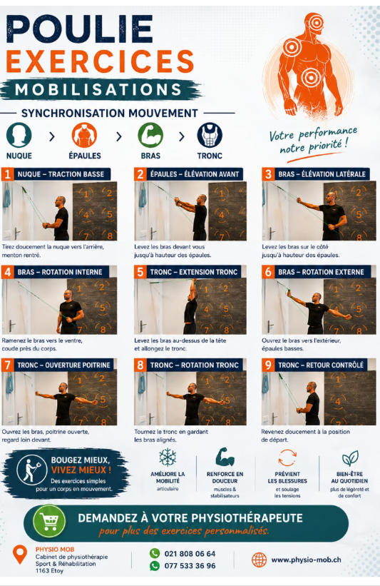 Guide d'exercices avec poulies — 9 mobilisations du nuque aux épaules, bras et tronc
